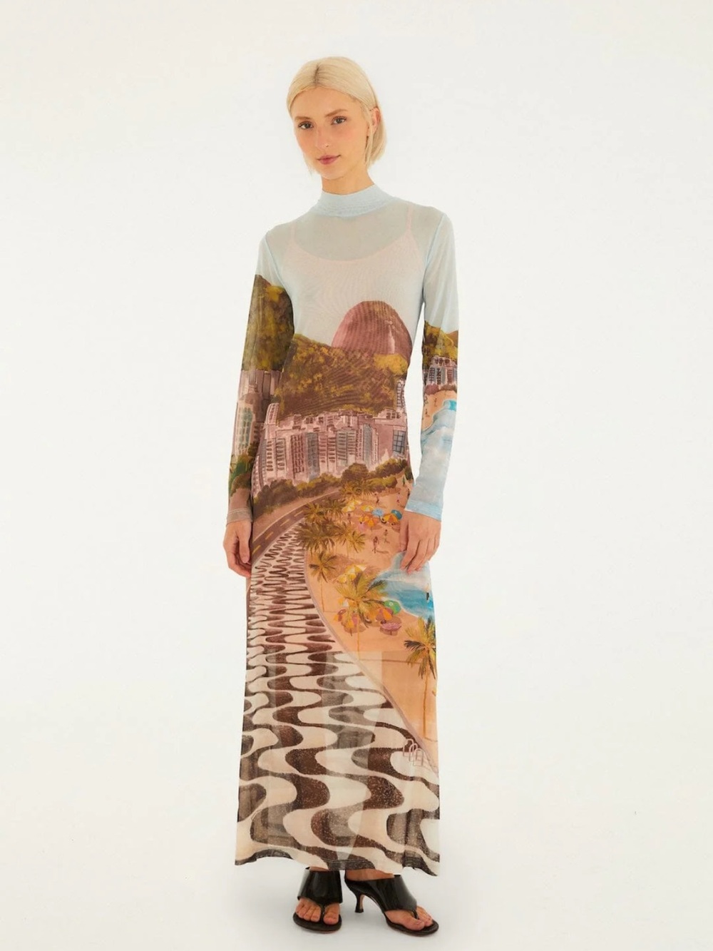 Long Scenic Print Mesh Dress in Light Blue and Multi